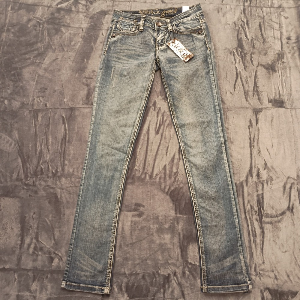 h&g Jeans Womens Size‎ 3 Skinny Leg Blue Denim Embellished Button Fly